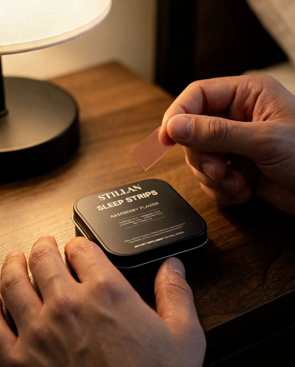 Two hands at a lamplit nightstand lifting a single strip from an open tin.
