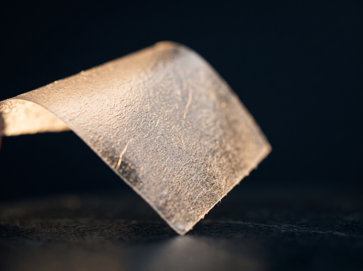 Extreme close-up of a single dissolvable strip, edge lit by warm lamplight against darkness.