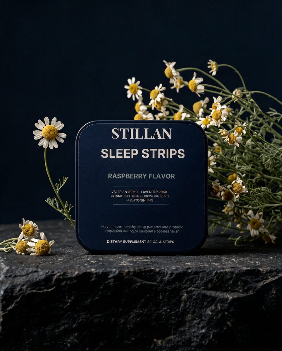 Raw valerian root and dried chamomile flowers photographed like specimens on dark stone.